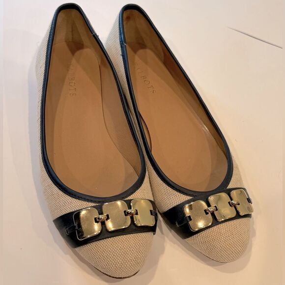 Talbots Shoes - Talbots Natural Round Toe Gold Buckle Flats 9B